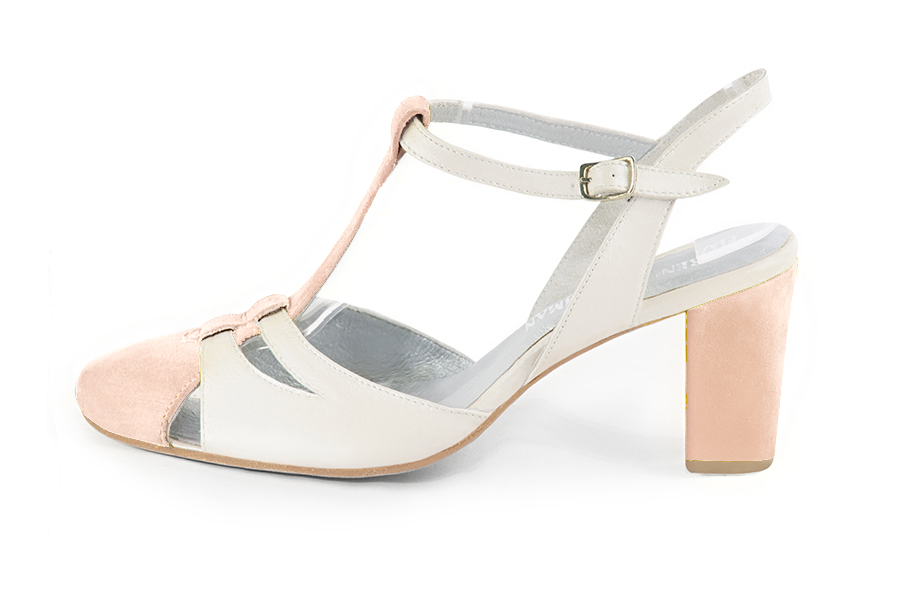 Powder pink and off white women's open back T-strap shoes. Round toe. High block heels. Profile view - Florence KOOIJMAN